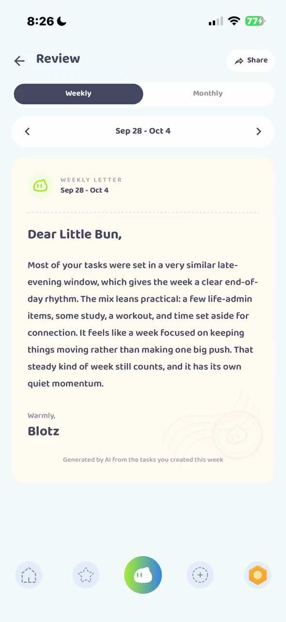 Opening the weekly review letter from Blotz in BlotzTask